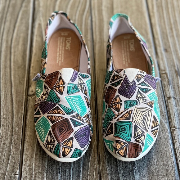 TOMS Tiki Canvas Print Slip On Loafers Espadrilles - Picture 5 of 8